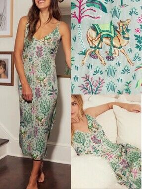 PrintFresh Eco Satin Chic to Sleep Nightie Dress Camel's Courtyard Sz XS Cute